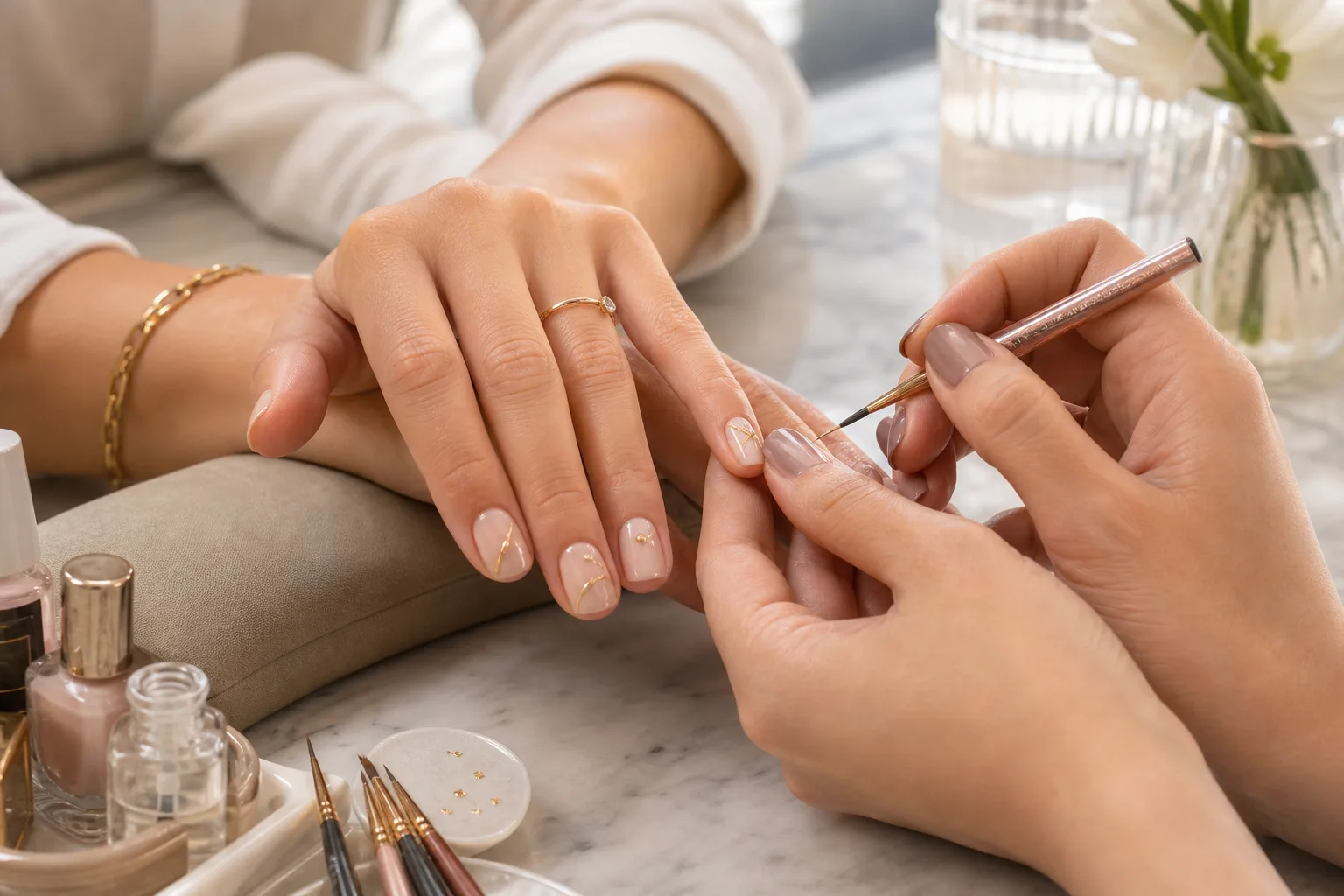 Nail art délicat réalisé dans un studio onglerie à Paris
